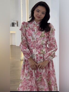Floral Pink Long-Sleeve Midi Dress S/M